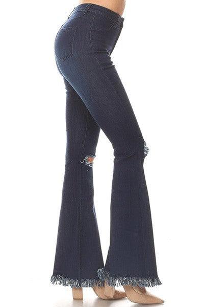 High waist stretch bell bottom jeans with rip & fray hem-Jeans-JC & JQ-RK Collections Boutique