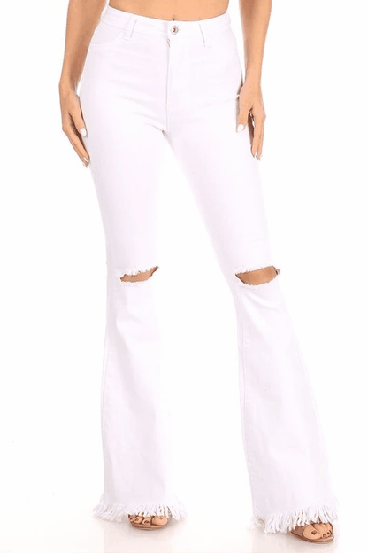GP3325 Stretch high waist bell bottom with ripped knee & frayed hem - RK Collections Boutique