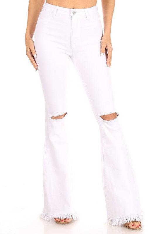 Stretch high waist bell bottom with ripped knee & frayed hem-Jeans-JC & JQ-White-GP3325-5-RK Collections Boutique