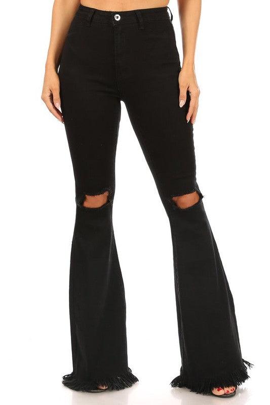 Stretch high waist bell bottom with ripped knee & frayed hem-Jeans-JC & JQ-Black-GP3325-1-RK Collections Boutique