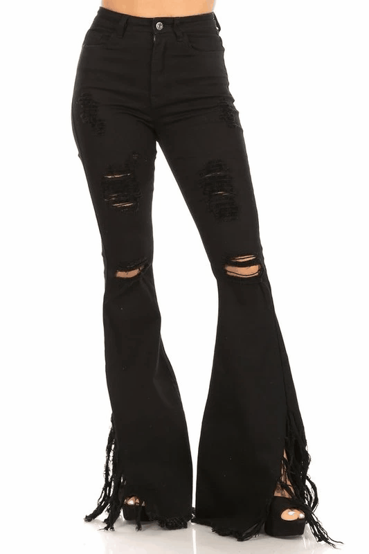 GP3340 fringe distressed high waist bell bottom jeans - RK Collections Boutique