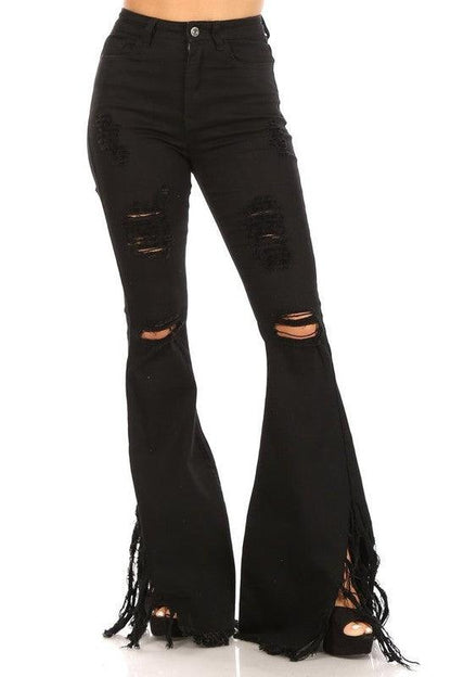 fringe distressed high waist bell bottom jeans-Jeans-JC & JQ-Black-GP3340-1-RK Collections Boutique
