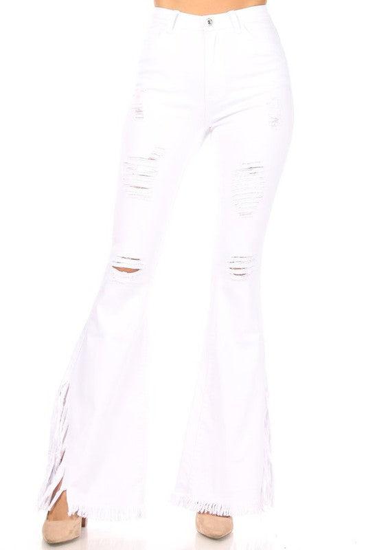 fringe distressed high waist bell bottom jeans-Jeans-JC & JQ-White-GP3340-5-RK Collections Boutique