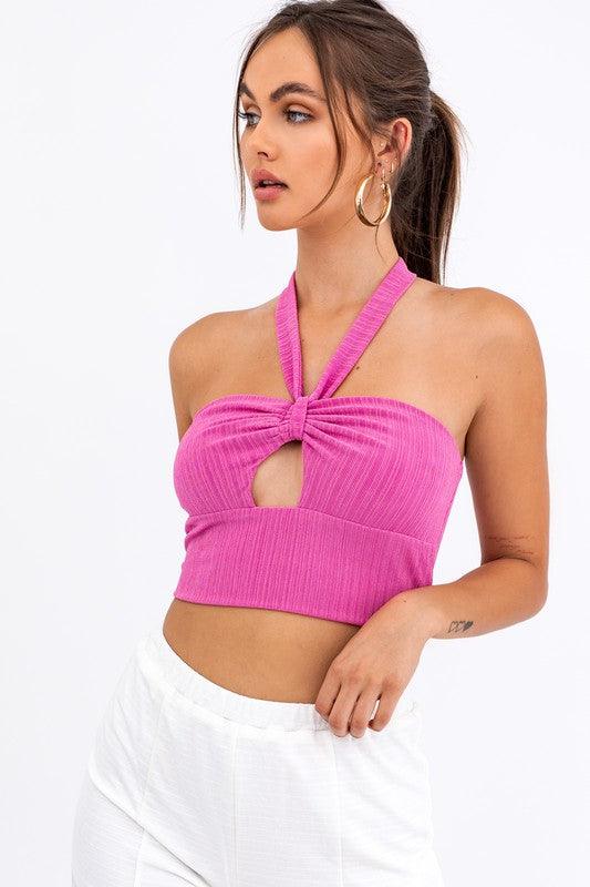 halter cutout crop top-Tops-Sleeveless-Le Lis-Hyper Pink-MT4202-1-RK Collections Boutique