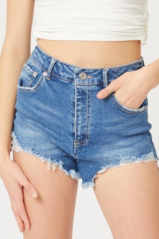 High Rise Distress Fray Shorts-Shorts-Love Tree-Blue-6766PM-1-RK Collections Boutique