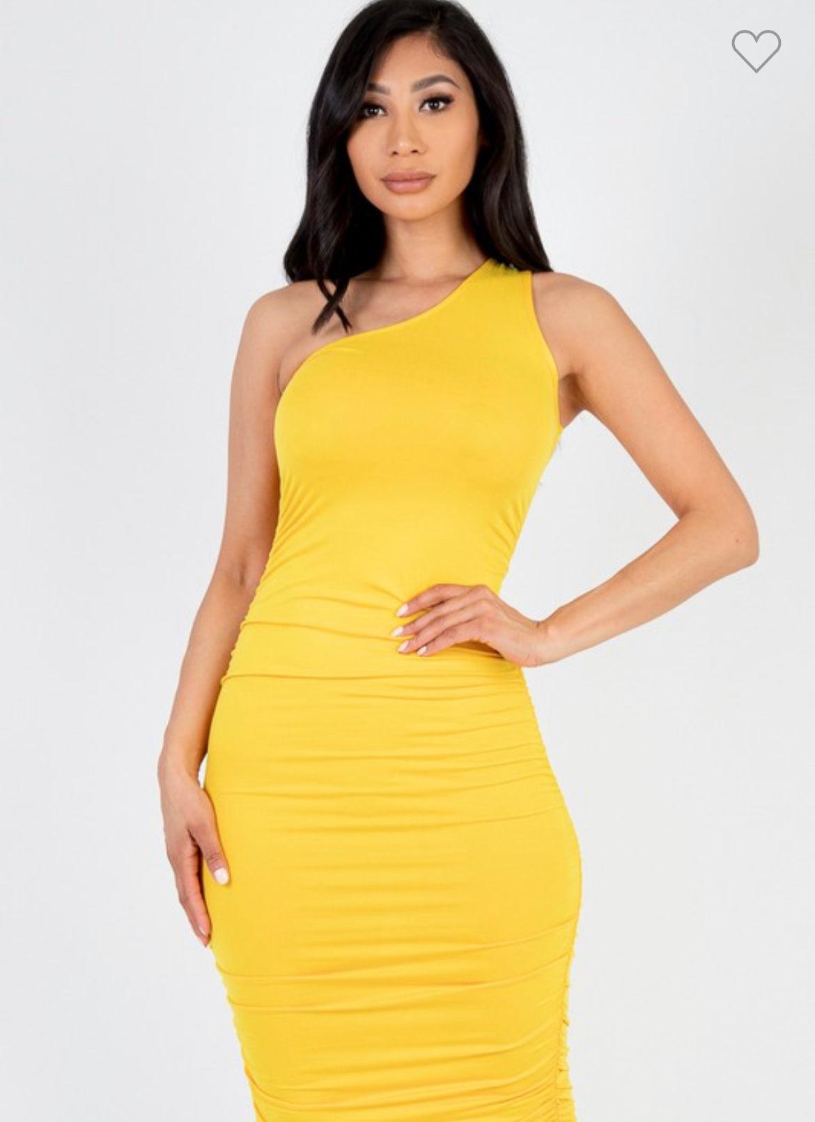 One Shoulder Sleeveless Ruched Fitted Midi Dress