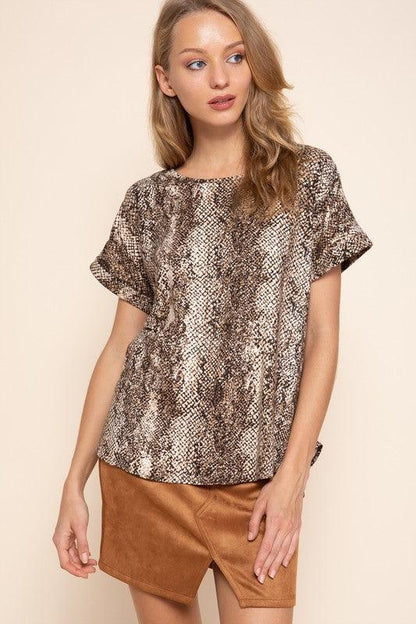 Jersey snake print top-Tops-Short Sleeve-Mittoshop-Brown-CT9163A-1-RK Collections Boutique