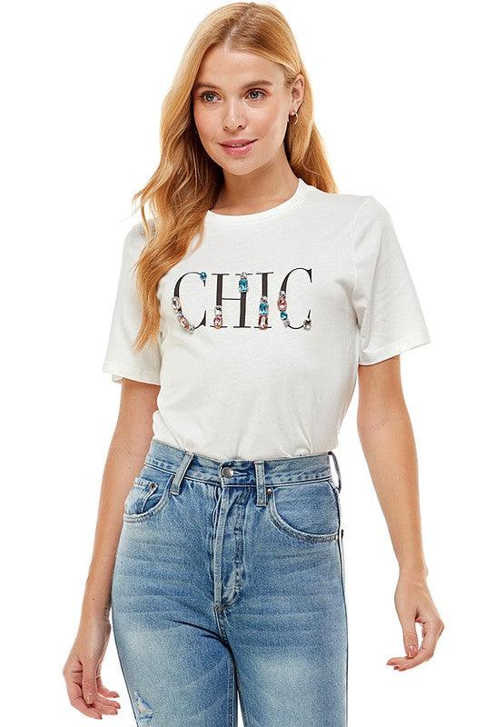 jeweled graphic CHIC t-shirt-Tops-Short Sleeve-On Twelfth-White-1237392-1-RK Collections Boutique