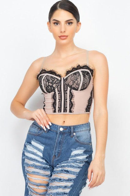 Lace Trim Padded Bustier Top-Tops-Strapless-Haute Monde-Nude/Black-HMT5517-1-RK Collections Boutique