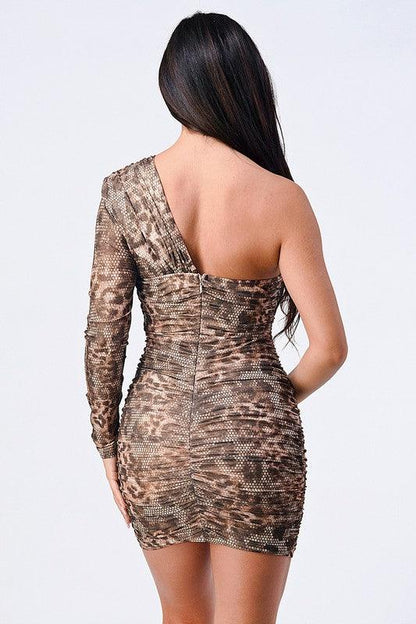 leopard ruched one shoulder dress-Dress-Privy-alomfejto