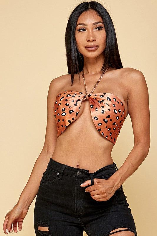 leopard satin tie back bandeau chain halter top-Tops-Sleeveless-The Vintage Shop-RK Collections Boutique