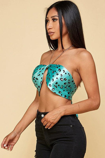 leopard satin tie back bandeau chain halter top-Tops-Sleeveless-The Vintage Shop-RK Collections Boutique