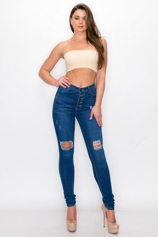 Exposed buttons high waist ripped knee skinny jeans LO166-Jeans-Lover Brand-RK Collections Boutique