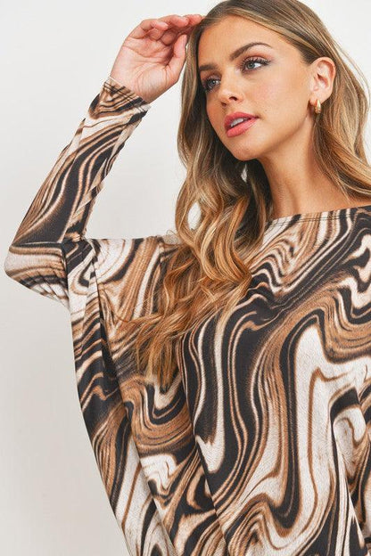 long sleeve marble printed dolman top - RK Collections Boutique
