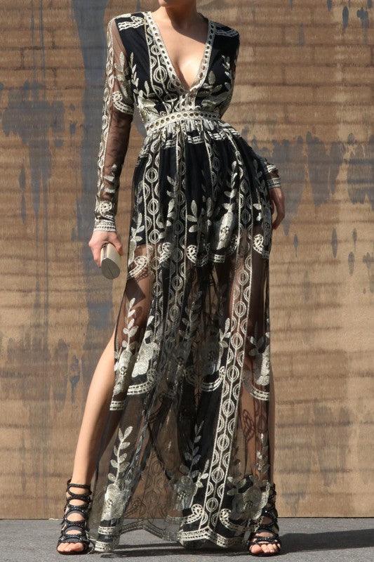 long sleeve printed mesh lace maxi dress - RK Collections Boutique