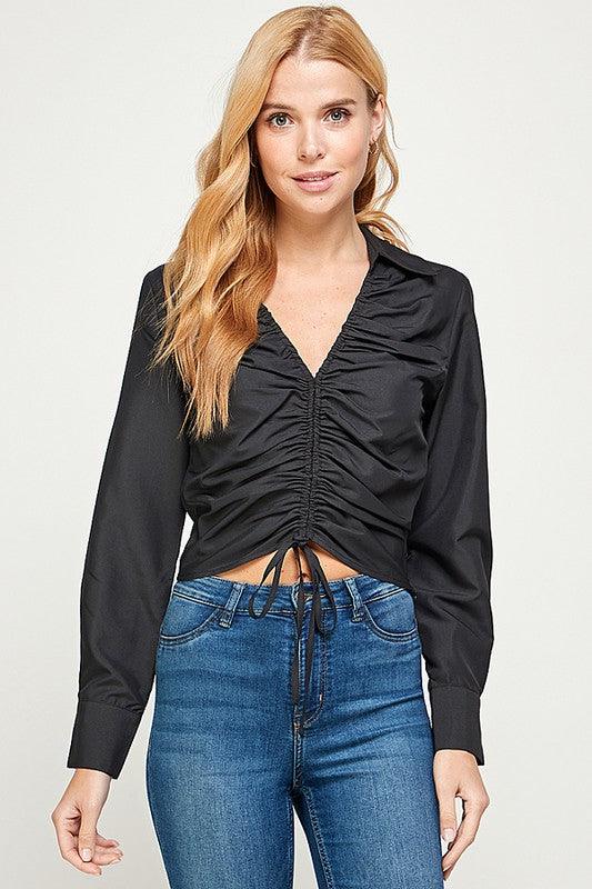 long sleeve ruched front poplin collard top - RK Collections Boutique