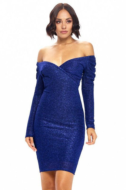 lurex knit metallic off the shoulder dress - RK Collections Boutique