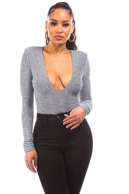 lurex metallic plunging long sleeve bodysuit-Tops-Bodysuit-DAY G-Silver-DB12743A-1-RK Collections Boutique
