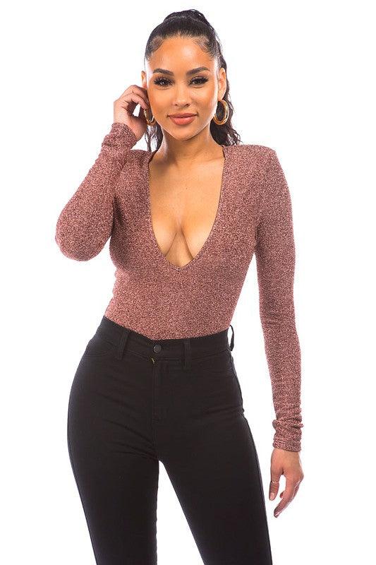 lurex metallic plunging long sleeve bodysuit-Tops-Bodysuit-DAY G-Rose Gold-DB12743A-4-RK Collections Boutique