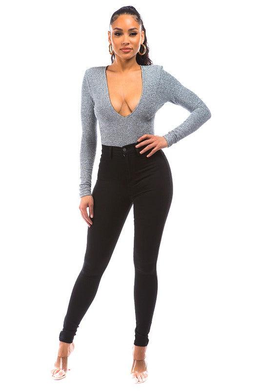 lurex metallic plunging long sleeve bodysuit-Tops-Bodysuit-DAY G-RK Collections Boutique