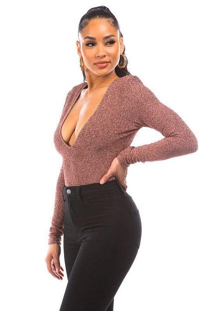 lurex metallic plunging long sleeve bodysuit-Tops-Bodysuit-DAY G-RK Collections Boutique