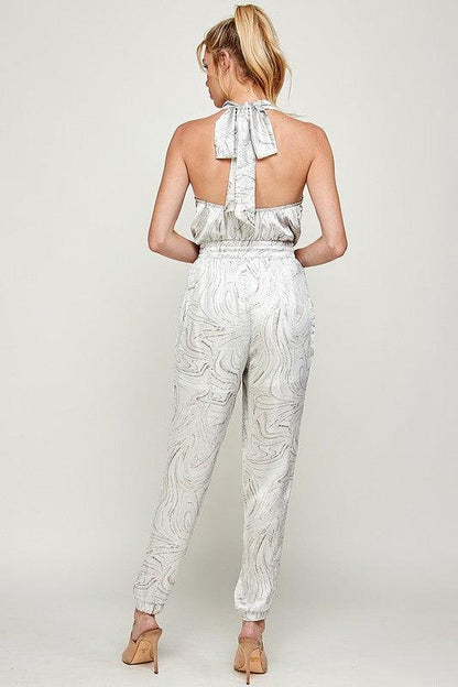 marble printed halter neck satin jogger jumpsuit - RK Collections Boutique