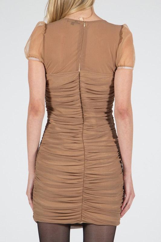 Mesh Ruched Short Sleeve Dress - RK Collections Boutique
