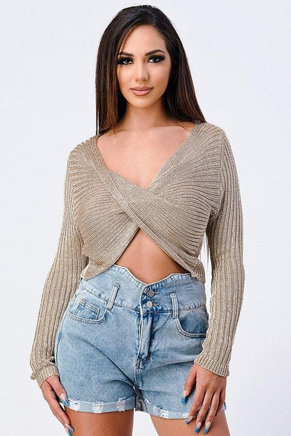 metallic cross front cropped sweater-Tops-Sweater-Privy-RK Collections Boutique