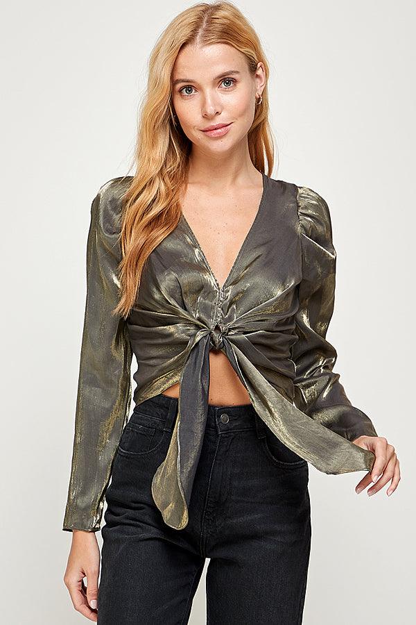 metallic long puff sleeve v-neck pleated tie-front top - RK Collections Boutique