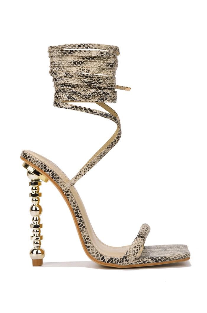 gold heel tie up snakeskin strappy heel