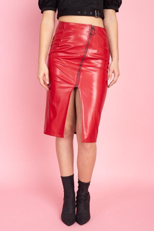 Moto zip detail midi faux leather skirt-Skirts-Reveuse-Red-ES8025A-4-RK Collections Boutique