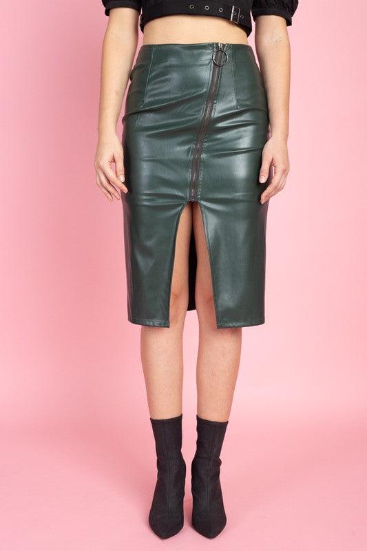 Moto zip detail midi faux leather skirt-Skirts-Reveuse-Olive-ES8025A-1-RK Collections Boutique