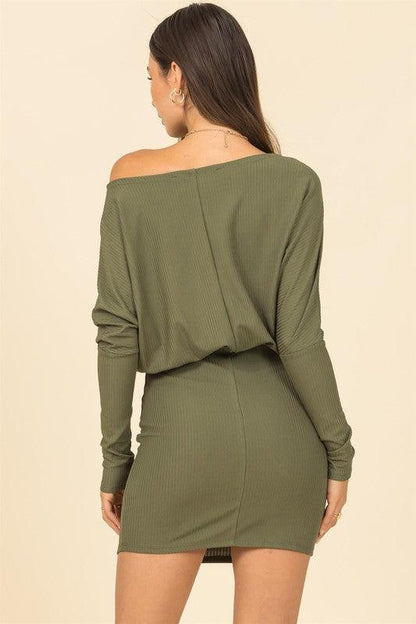 off one shoulder ribbed knit dolman sleeve mini dress - RK Collections Boutique