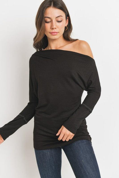 off the shoulder asymmetrical jersey top-Tops-Long Sleeve-Cherish USA-Black-T22604-1-RK Collections Boutique