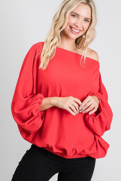 Off the Shoulder Boat Neck Balloon Sleeve Top-Tops-Long Sleeve-Jodifl-Tomato-C8911-4-RK Collections Boutique