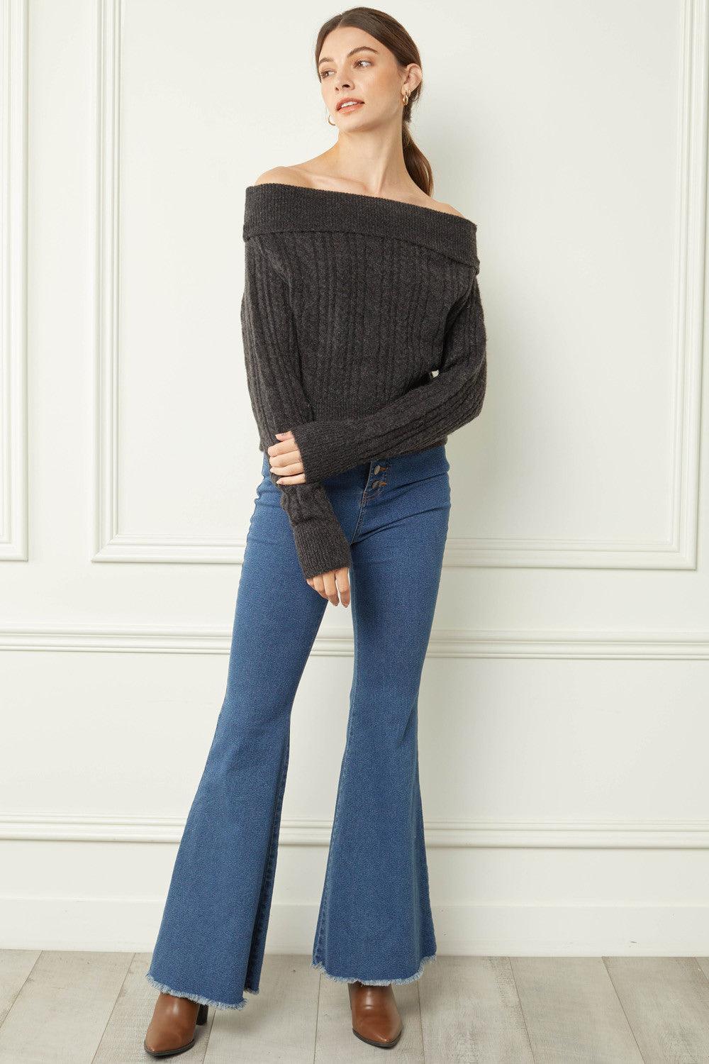 off the shoulder cable knit sweater-Tops-Sweater-Entro-RK Collections Boutique