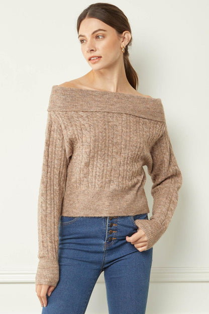 off the shoulder cable knit sweater-Tops-Sweater-Entro-Mocha-T16970-1-RK Collections Boutique