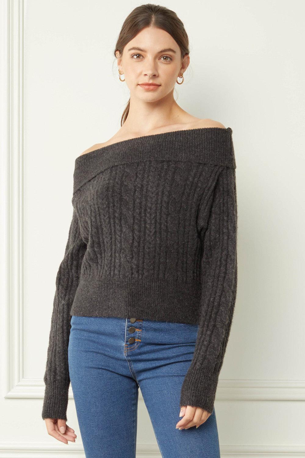 off the shoulder cable knit sweater-Tops-Sweater-Entro-Ash Black-T16970-4-RK Collections Boutique