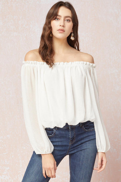 off the shoulder chiffon blouse-Tops-Long Sleeve-Entro-Off White-T15605-1-RK Collections Boutique