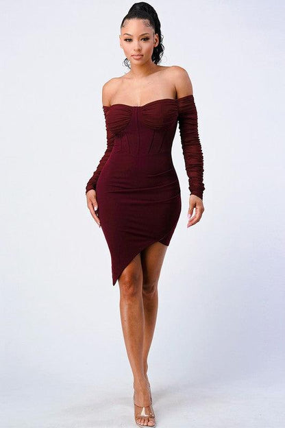 off the shoulder ribbed asymmetrical bodycon dress - RK Collections Boutique