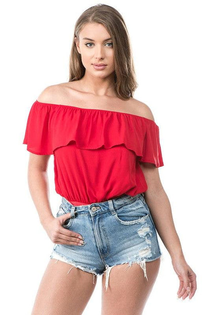 off the shoulder ruffle bodysuit-Tops-Bodysuit-DAY G-Red-DB11027-1-1-RK Collections Boutique