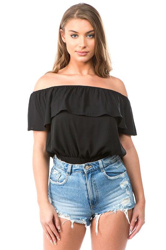 off the shoulder ruffle bodysuit-Tops-Bodysuit-DAY G-Black-DB11027-1-4-RK Collections Boutique