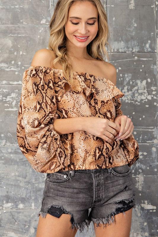 off the shoulder ruffle snake print top - RK Collections Boutique