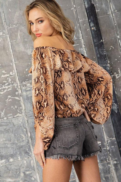 off the shoulder ruffle snake print top - RK Collections Boutique