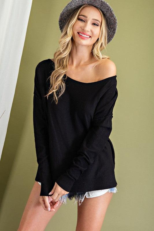 off the shoulder wide neck sweater-Tops-Sweater-eesome-Black-SG5703-1-RK Collections Boutique