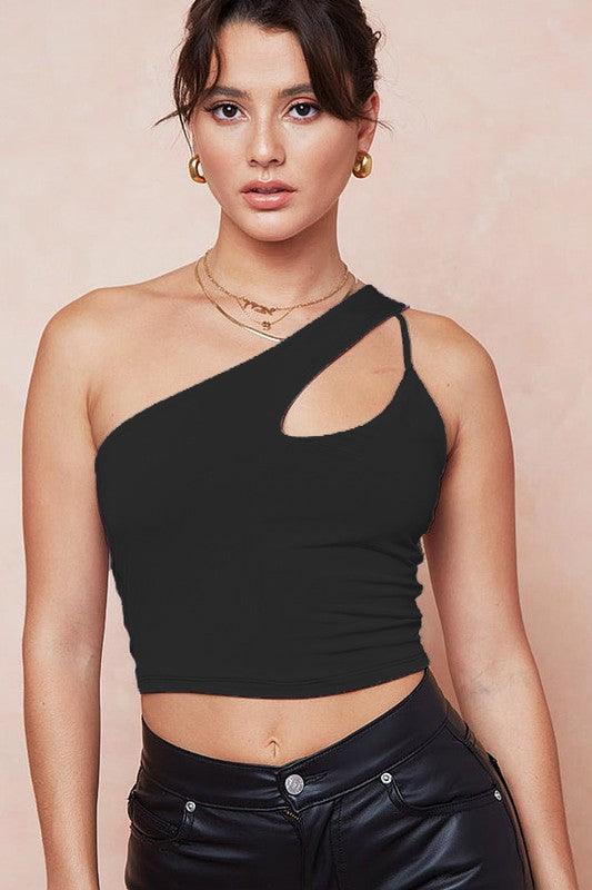 one shoulder cutout crop top-Tops-Sleeveless-Shelly Clothing-Black-35151-1-alomfejto