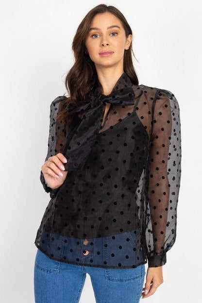 Organza Polka Dot Blouse-Tops-Long Sleeve-Iris-Black-M9T173-1-RK Collections Boutique