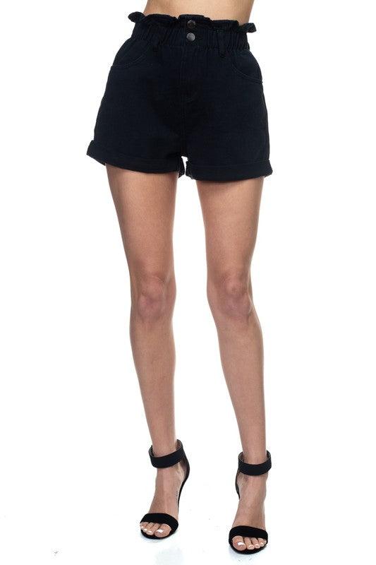 paper bag high waist denim shorts-Shorts-Denim BLVD-Black-DBS0325-1-RK Collections Boutique