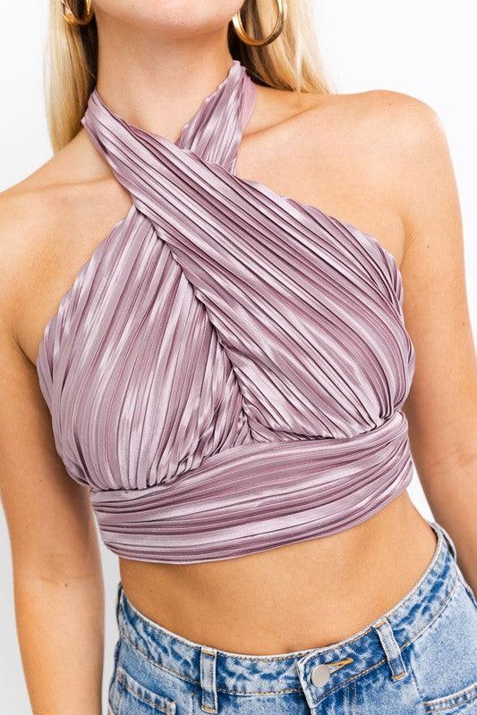 pleated crisscross halter neck crop top - RK Collections Boutique
