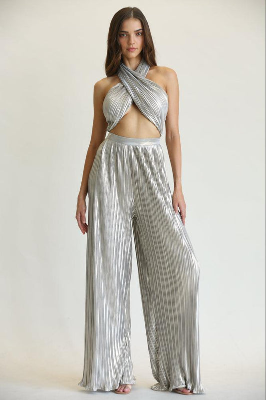 pleated cutout metallic halter jumpsuit - RK Collections Boutique